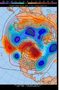 The 120 hour 00z GFS ensemble mean shows a potent storm system moving through the Central part of the country, with a strong NAO block to its northeast. 