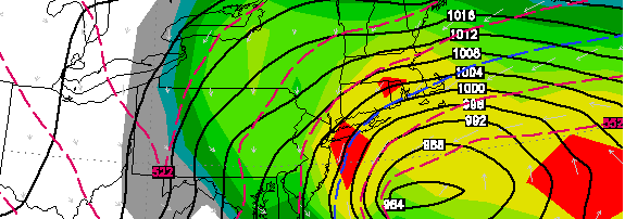 European forecast model, showing a very strong low pressure system off the coast on Friday evening. In addition, the model is forecast significant snowfall for a large portion of the area through Saturday. 