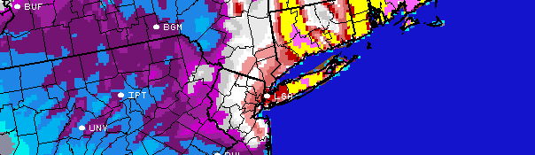 NAM model showing prolific snowfall totals throughout the area by Saturday morning. White values represent 12 inches or more, red values represent 16 inches or more, with darker red indicating a forecast for over 24 inches of snow. 