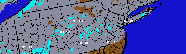 NAM model forecasting very light snowfall accumulations through Wednesday morning. Grey shaded areas are less than 1" of snow, while the light blue areas indicate 1" or more. 