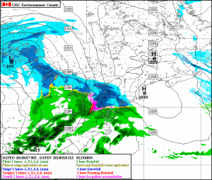 The RGEM model shows moderate snow in the NYC area at 5 p.m. Monday