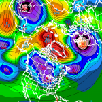 GFS Ensemble mean showing a -5 anomaly blocking feature developing from Greenland into North-Central Canada.
