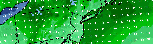 The NAM model forecasting temperatures warming into the mid and even upper 50's on Easter Sunday, ahead of a disturbance which will bring afternoon clouds and showers.