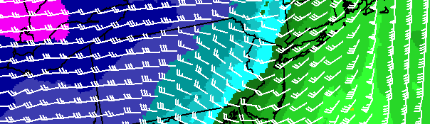 NAM Model showing a sharp gradient in temperatures at the 850mb level across the Northeast on Tuesday evening. Notice the much colder air moving towards the region from the west. 