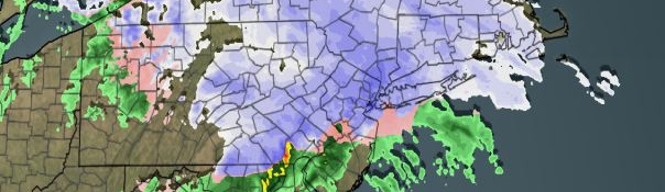 Snow was falling early Monday evening throughout most of the area, and was expected to continue for a few hours. Precipitation will change over to rain with time and continue into Tuesday morning. 