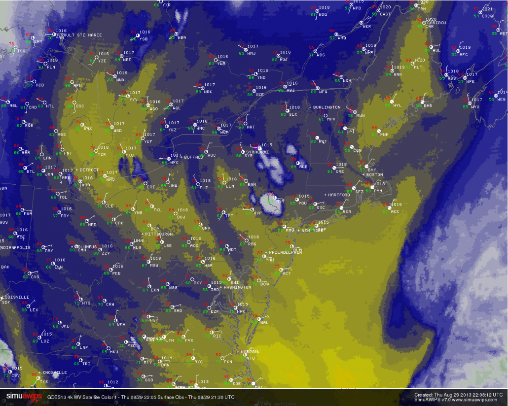 Water Vapor satellite imagery and observations from 6pm on 8/29/13