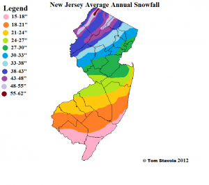 Average annual snowfall throughout the state of New Jersey, compiled and drawn by Tom Stavola. 