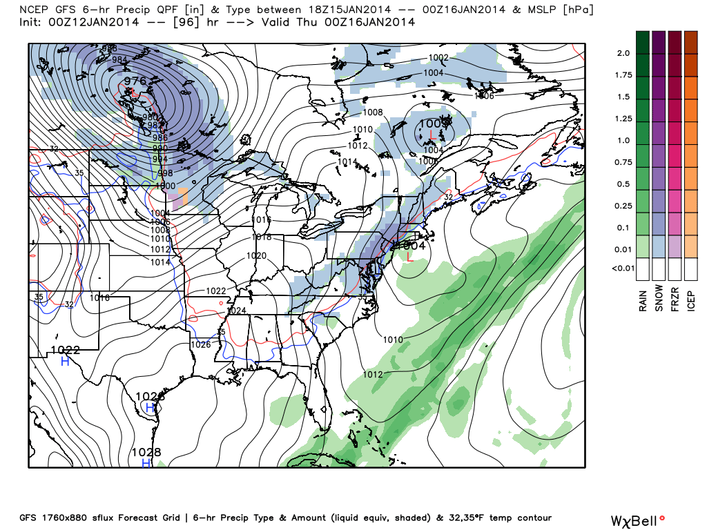 GFS model forecasting a weak coastal system providing the area with snow and rain on Wednesday. 