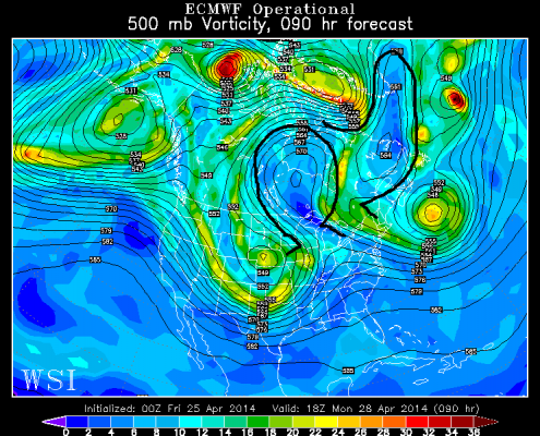 Last night's European Model shows a duel Omega blocking pattern next week (WSI Model Lab). 
