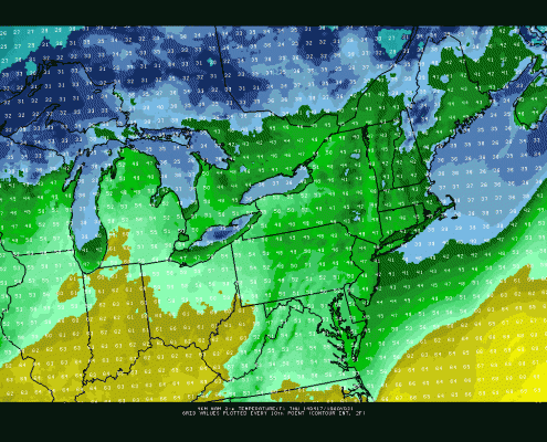 Today's high resolution NAM model shows highs remaining in the 40s for tomorrow (PSU E-Wall). 