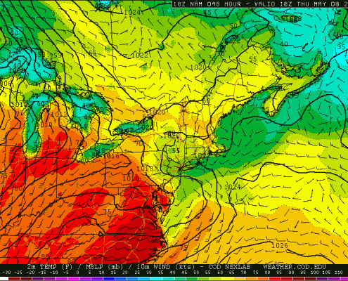 Despite warming 850mb temperatures, today's NAM shows temperatures remaining chilly on Thursday, as the warm front stalls just to our south (weather.cod.edu).