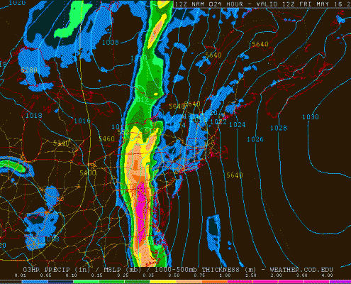 Today's 12z NAM valid for Friday morning shows plenty of heavy rain to our west, but not much in the way of activity for our area (weather.cod.edu).
