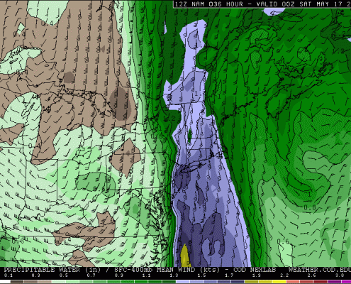Today's NAM valid for tomorrow evening shows high precipitable water values, which is an indicator that the entire atmosphere has plenty of moisture content (weather.cod.edu).