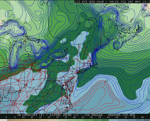 Today's 12z GFS shows dewpoints exceeding 60 degrees overspreading the area by Saturday (weather.cod.edu). 
