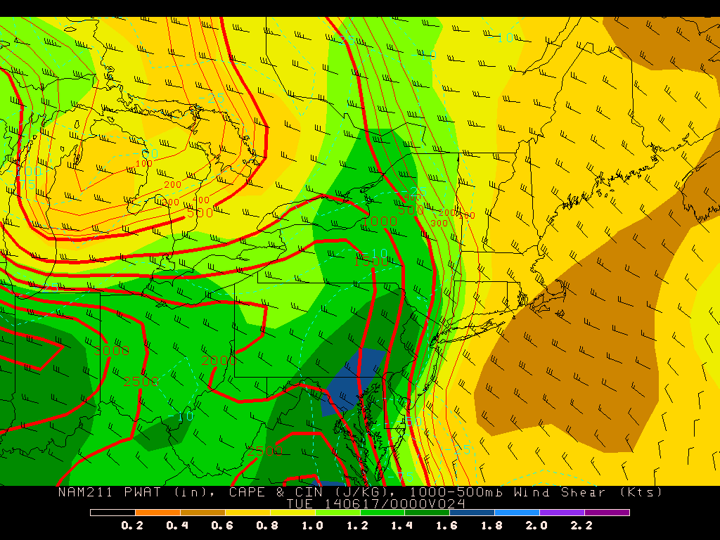 The higher precipitable water values will arrive this evening, leading to a much muggier Monday night than last night.