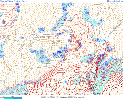 While CAPE (Convective Available Potential Energy) values were very high in most of our area, they were much lower in Northeast PA. There was also convective inhibition (blue shading) there as well, which was the area from which our thunderstorms were supposed to initiate. (SPC Mesoanalysis) 
