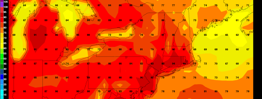 Today's GFS model valid for next Thursday shows temperatures in the low 90s for much of the region.