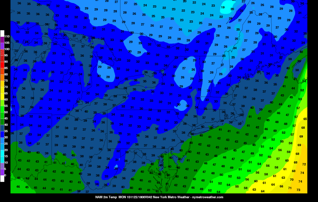 The NAM showing temperatures in middle 30s to near 40 at 1pm Monday afternoon in NYC metro