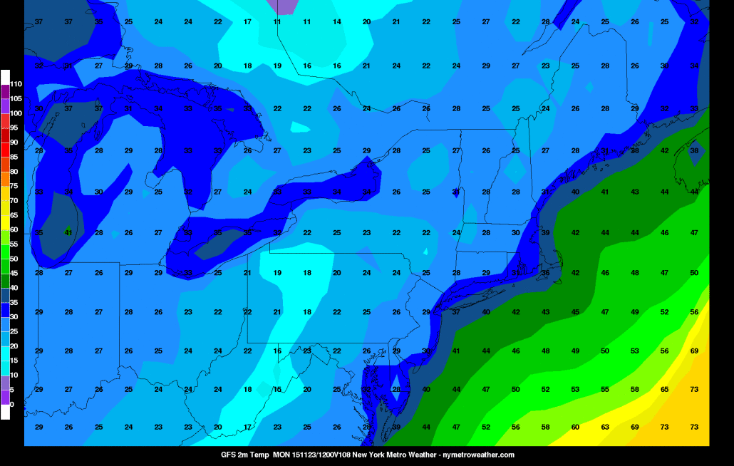 GFS 2m temperatures for 7am Monday morning