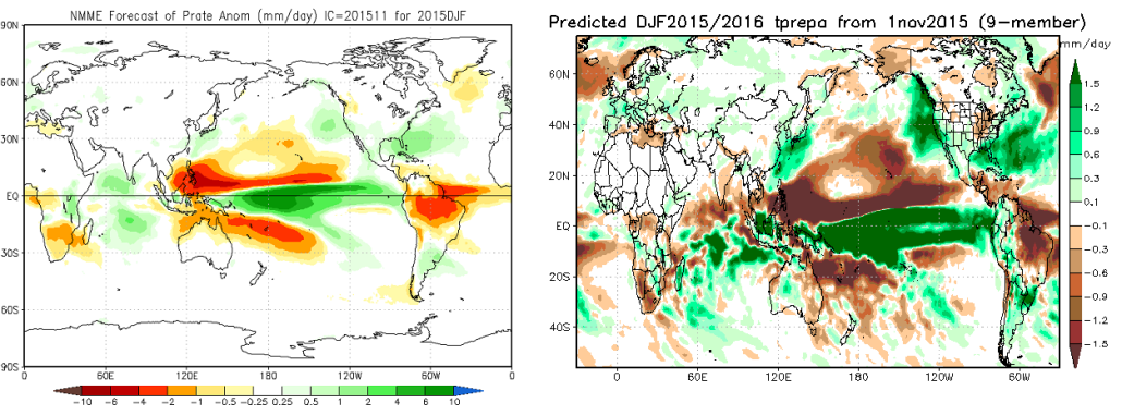 Seasonal-range models showing high precip rates in the near the dateline. NMME model show on the left. JaMESTC model on the right.