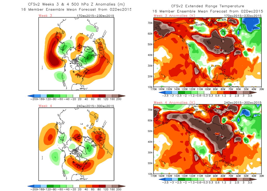 The CFS showing a 500mb pattern supporting above average temperatures through for last two weeks of December.