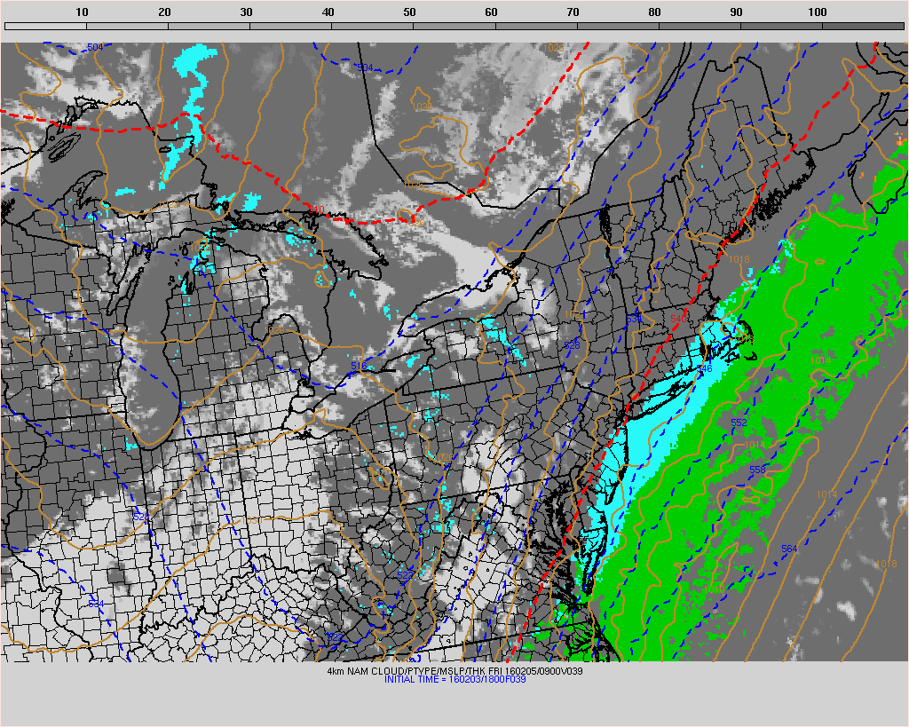 NAM model showing snow grazing the coast on Friday morning.