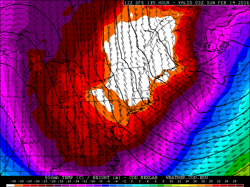 GFS model showing brutal cold, with 850mb temperatures of -30 C, in the area on Sunday and Monday. 