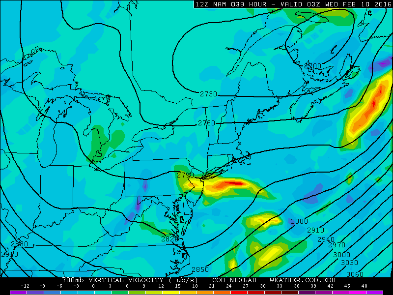 NAM model showing stronger lift and support for banding of snow in parts of NJ on Tuesday and Wednesday. 
