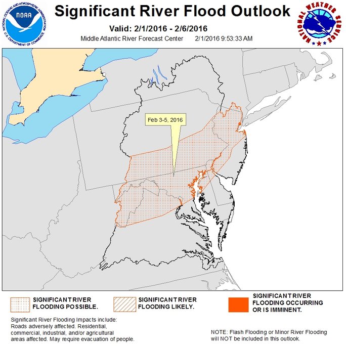 The NWS warns of river flooding potential during the middle part of the week, as heavy rain and runoff occur. 