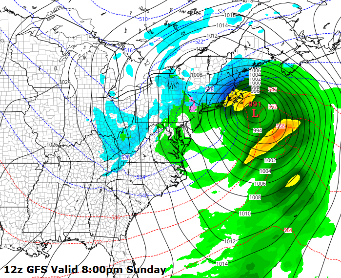 GFS model showing a major East Coast storm system on Sunday. Image courtesy Tropical Tidbits. 