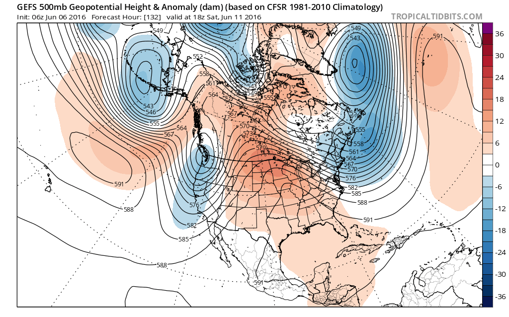 GEFS model showing ridge over Northern Plains supporteing Lower than normal heights over the Northeast US this weekend