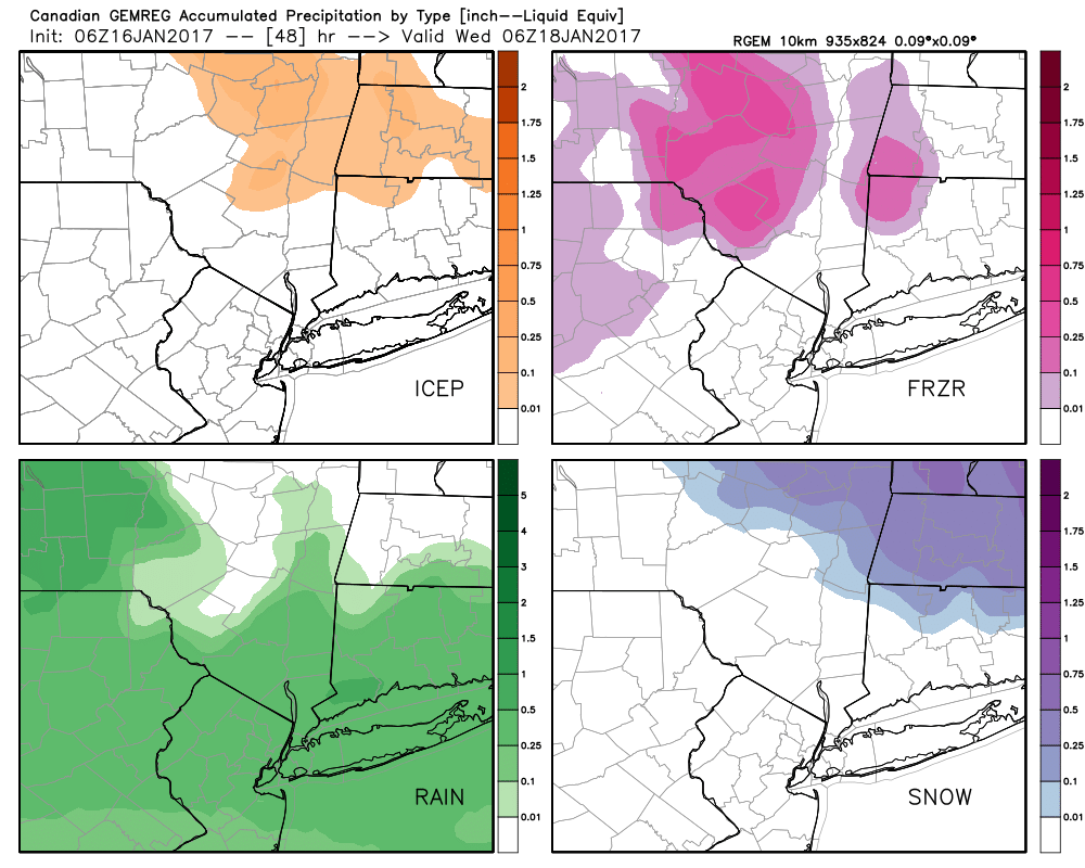 6z RGEM model indicating areas for Freezing rain well over parts of Mid-Hudson Hudson Valley and Northwest CT