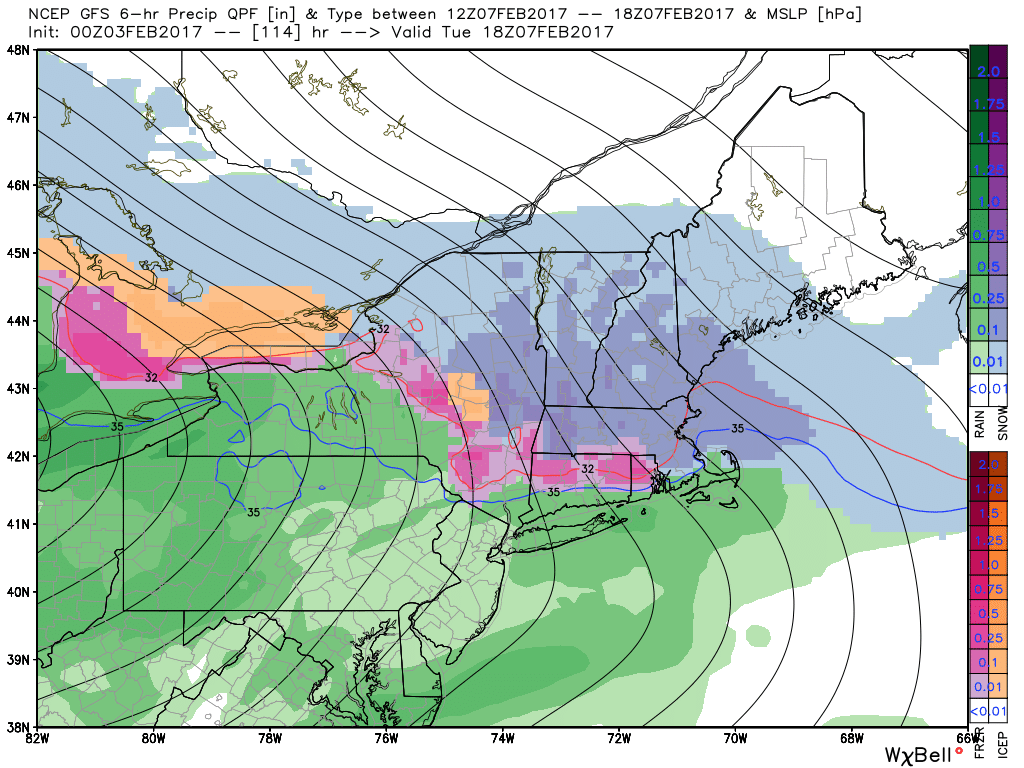 GFS model showing rain for most of the region Tuesday afternoon, but snow or ice for Interior New York and New England
