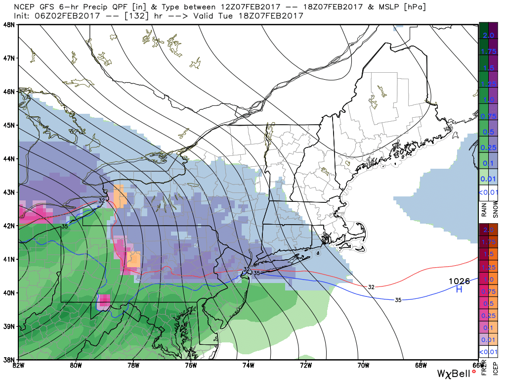 6z/02 GFS model showing snow over Northern parts of the region on Tuesday morning