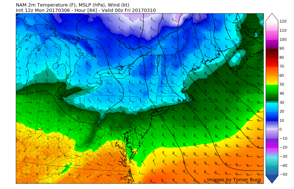 Afternoon NAM showing more cold air bleeding into the region by Thursday afternoon and evening 
