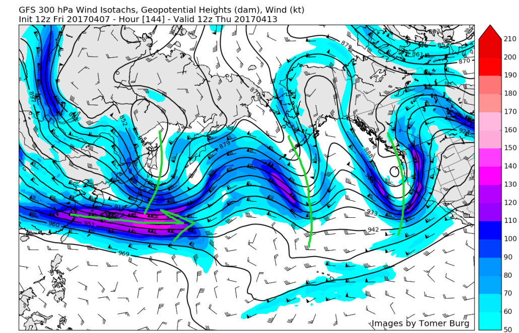 12z GFS upper level winds at 300mb showing a very active potential pattern shaping up over the Pacific, similar to the one that recently provided the severe weather and heavy rains (Valid 8am Thursday) 