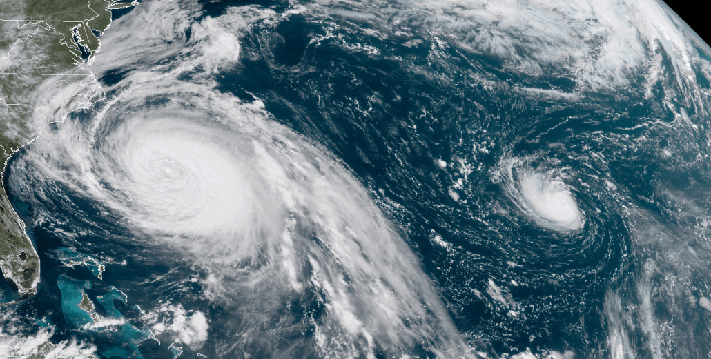 GOES 16 loop of both Hurricanes, Maria and Lee churning out over the Atlantic today (Credit: NASA/SPort) 