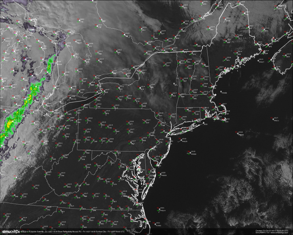 This afternoons high resolution visible satellite imagery, regional radar mosaic, and surface observations showing a relatively calm day to end the work week 