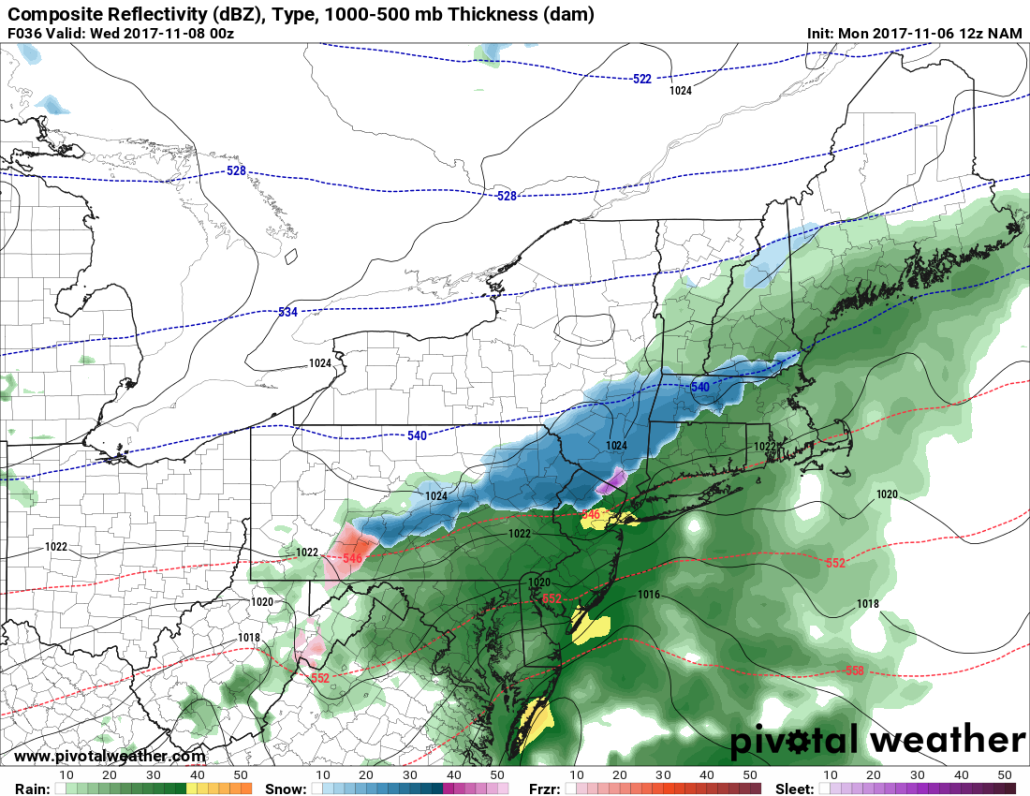 This evenings NAM model, a colder solution, showing snow mixing in on the NW fringes of the precipitation tomorrow evening 