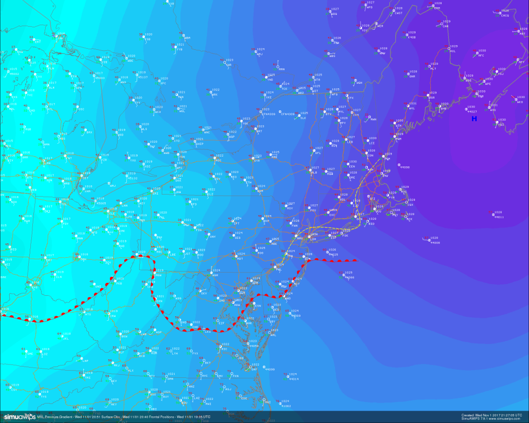Surface pressures, surface observations, and surface fronts, showing a rather large temperature differential as the high pressure system in purple lifts out 