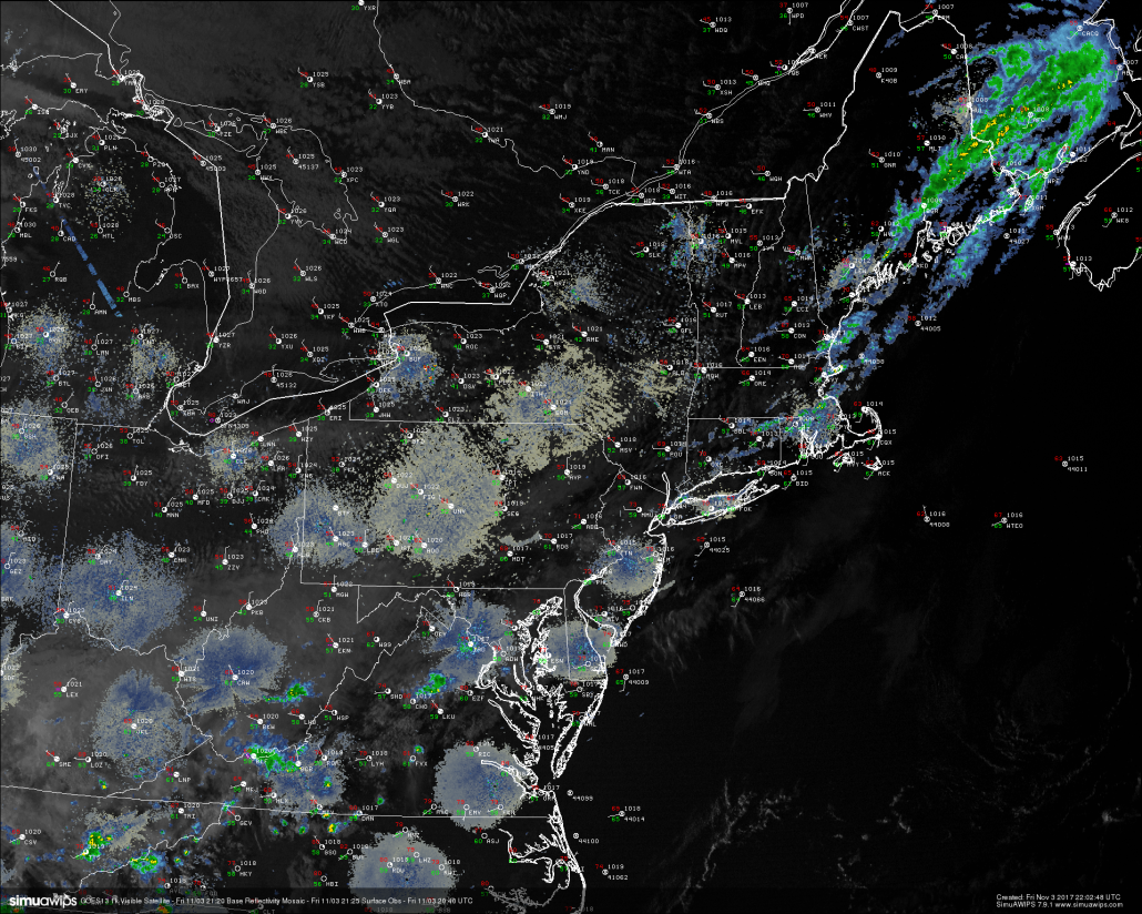 High resolution visible satellite imagery, surface observations, and regional radar mosaic (Courtesy of SimuAWIPS) 