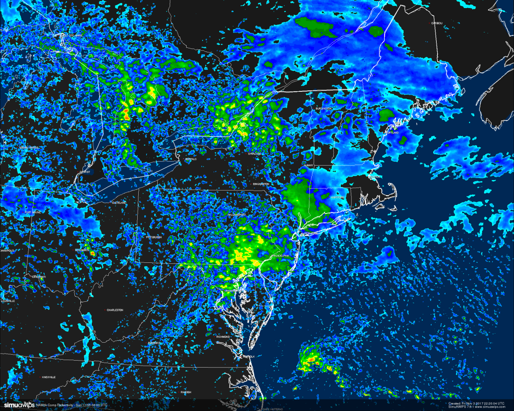 This afternoons high resolution NAM model showing showers located over eastern PA and potions of NJ early Sunday morning 