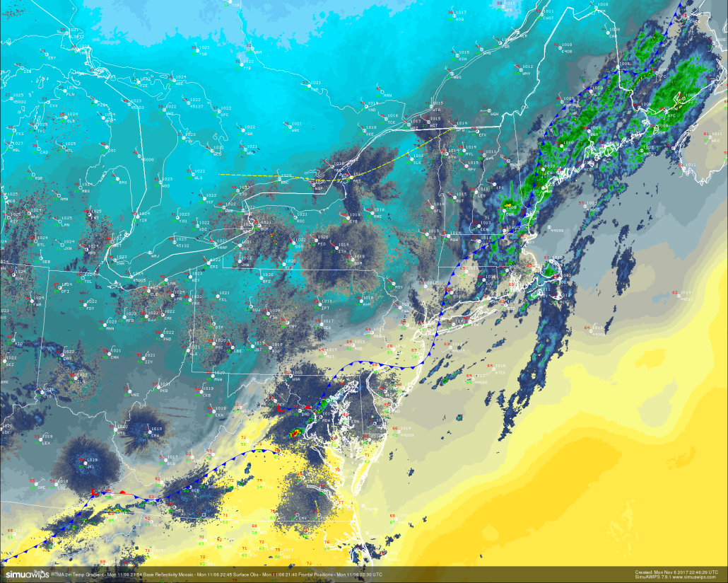 RTMA temperature analysis, surface observations, and regional radar mosaic showing the progression of relatively strong cold front moving through the area this evening (Simuawips) 