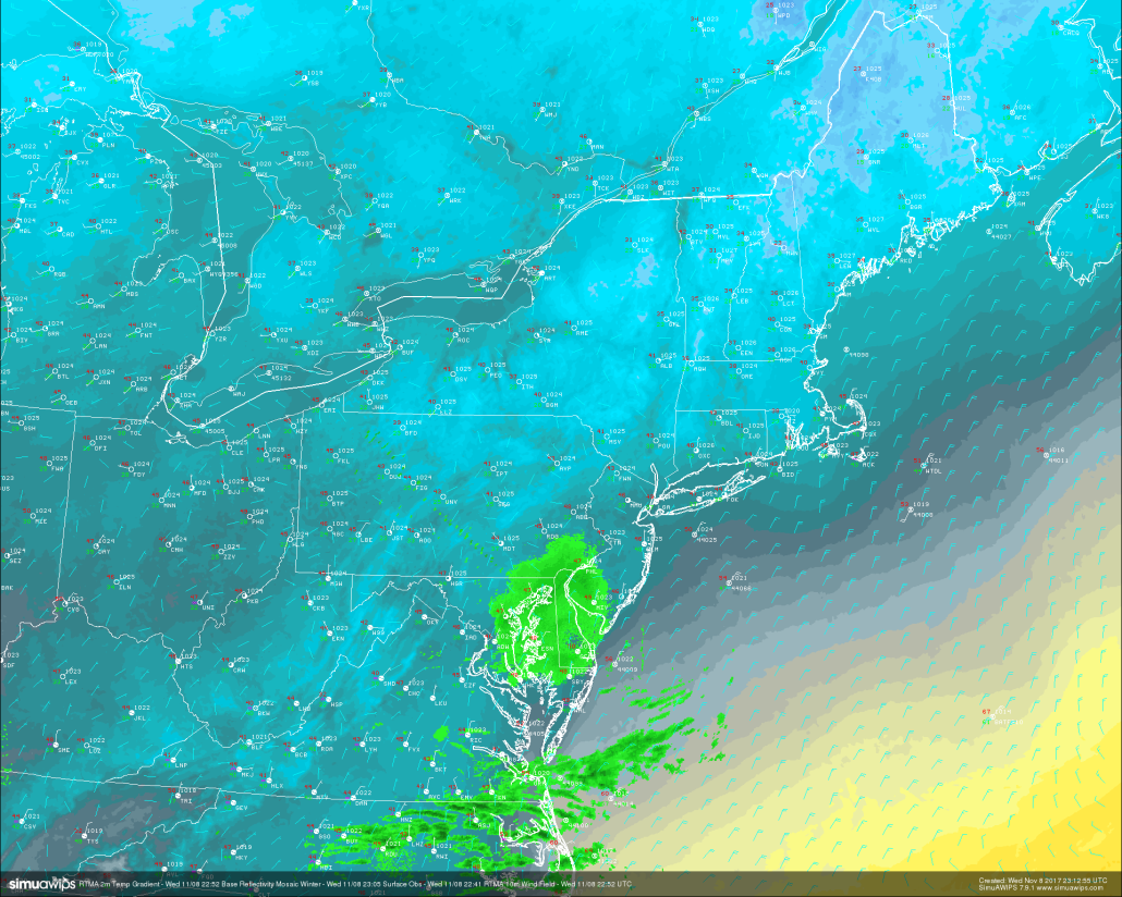 Real time temperature analysis , surface observations, and regional radar showing a calm, but cold end to our Wednesday 