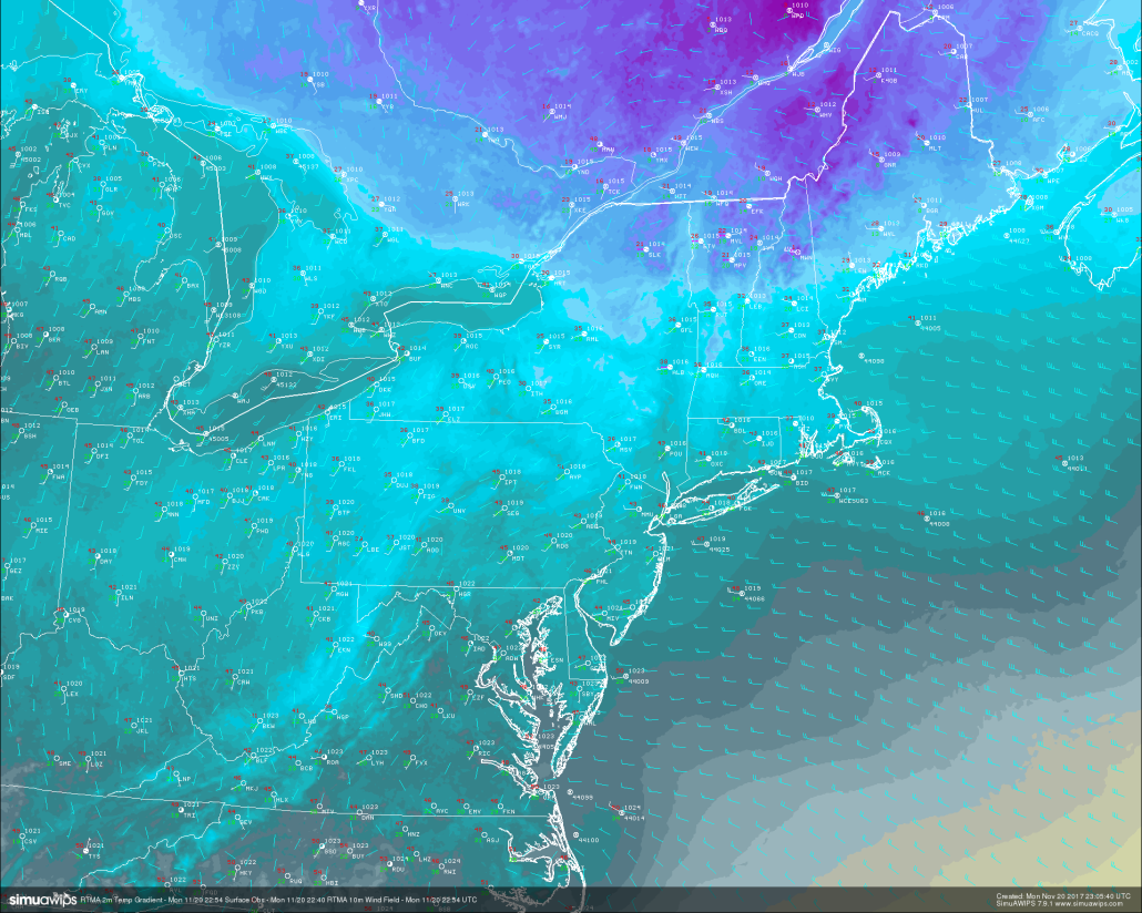 RTMA Analysis of the current temepratures over the Northeast, with surface observations finally showing a change from the gusty NW winds we have been seeing for the past day or so (Credit: Simuawips) 
