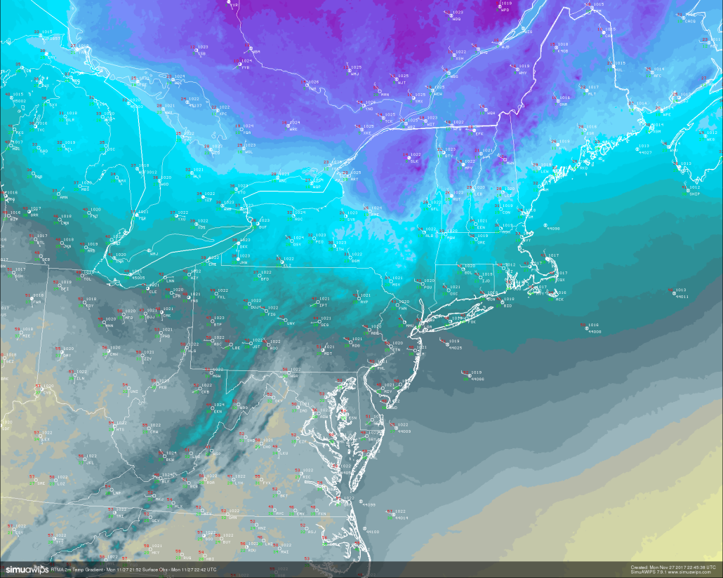 Real Time Mesoanalysis Temperatures for the Northeast this evening showing an impressive gradient over the area. Notice readings in the middle teens over northern New England , with 50's closer to the coast! (Courtesy of Simuawips.com) 