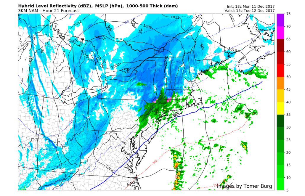 3km NAM model shows snow for parts of the Interior Northeast Tuesday morning