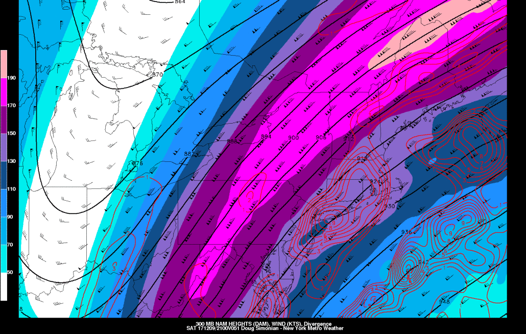Coastal sections with strong divergence in the right-entrance region of the 300mb jet on the NAM Saturday evening
