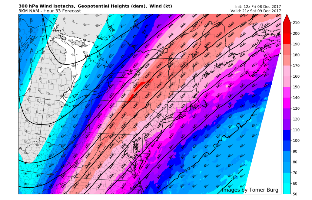 3km NAM showing parts of the Northeast in the right-entrance region of strong upper-level streak at 300mb