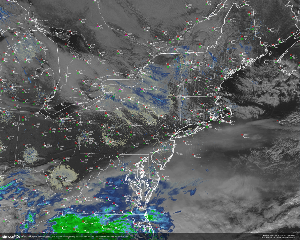 Snapshot of todays weather across the Northeast with regional radar mosiac, surface observations, and 500-meter high-resolution visible satellite data from GOES 16. Note the sharp cutoff of cirrus clouds just to the south of NYC 